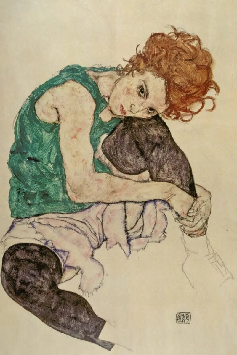 Schiele - Sitting Woman with Legs Drawn Up poster con telaio in plastica da ARTOTHEK