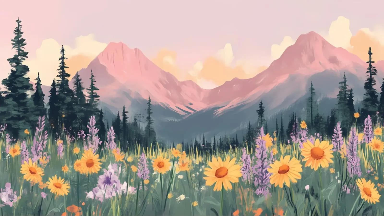 Sunset Mountain Weide - Pastel Landschap Esthetische Print canvas van ClubArt