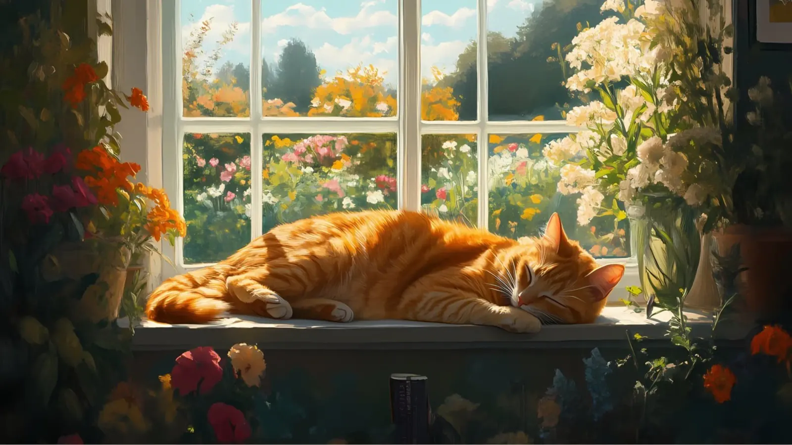 Cozy Window Cat Nap - Impressionistic Sunlight & Flowers canvas by ClubArt