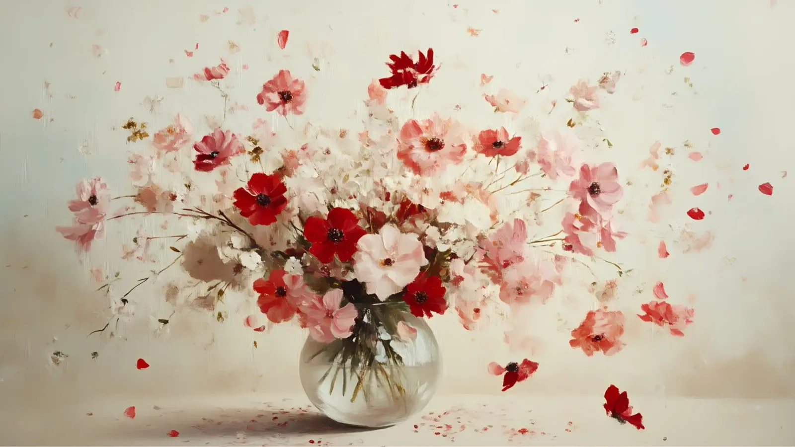 Abstrakte Blumenblüte - Elegante rosa & rote Mohnblumen Kunst Leinwand mit Schattenfugenrahmen von ClubArt