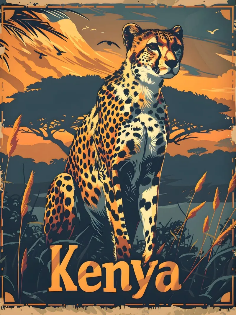 Kenya Ghepardo poster con telaio in legno da Vintage Travel Art