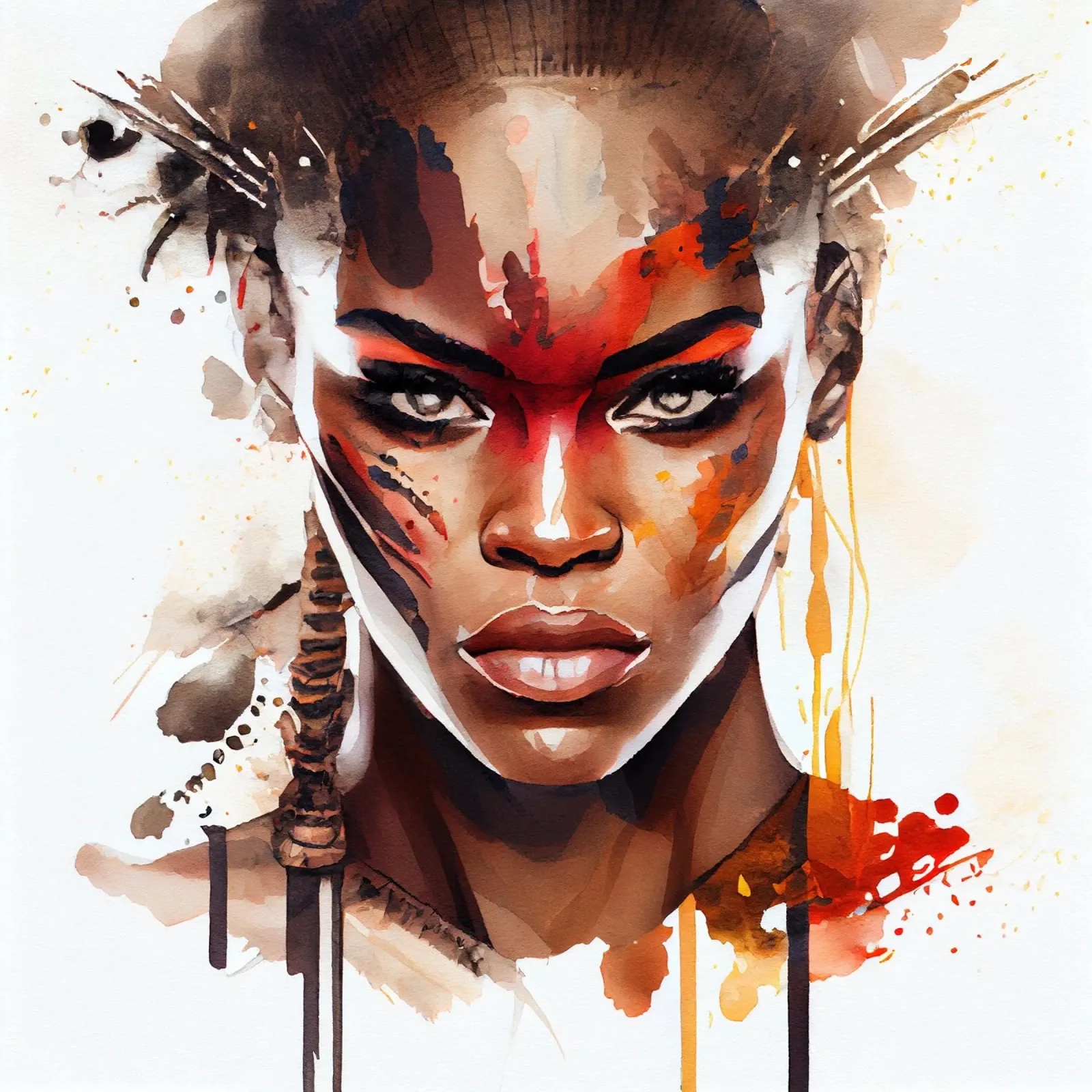Mujer guerrera africana en acuarela poster con marco de madera de Chromatic Fusion Studio