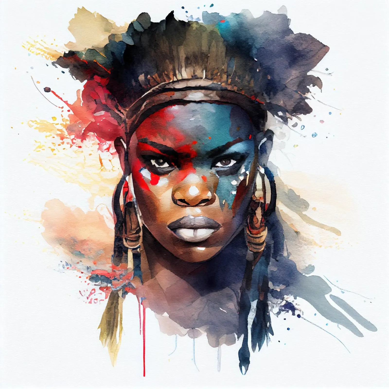 Aquarel Afrikaanse Krijgerin canvas met Baklijst van Chromatic Fusion Studio
