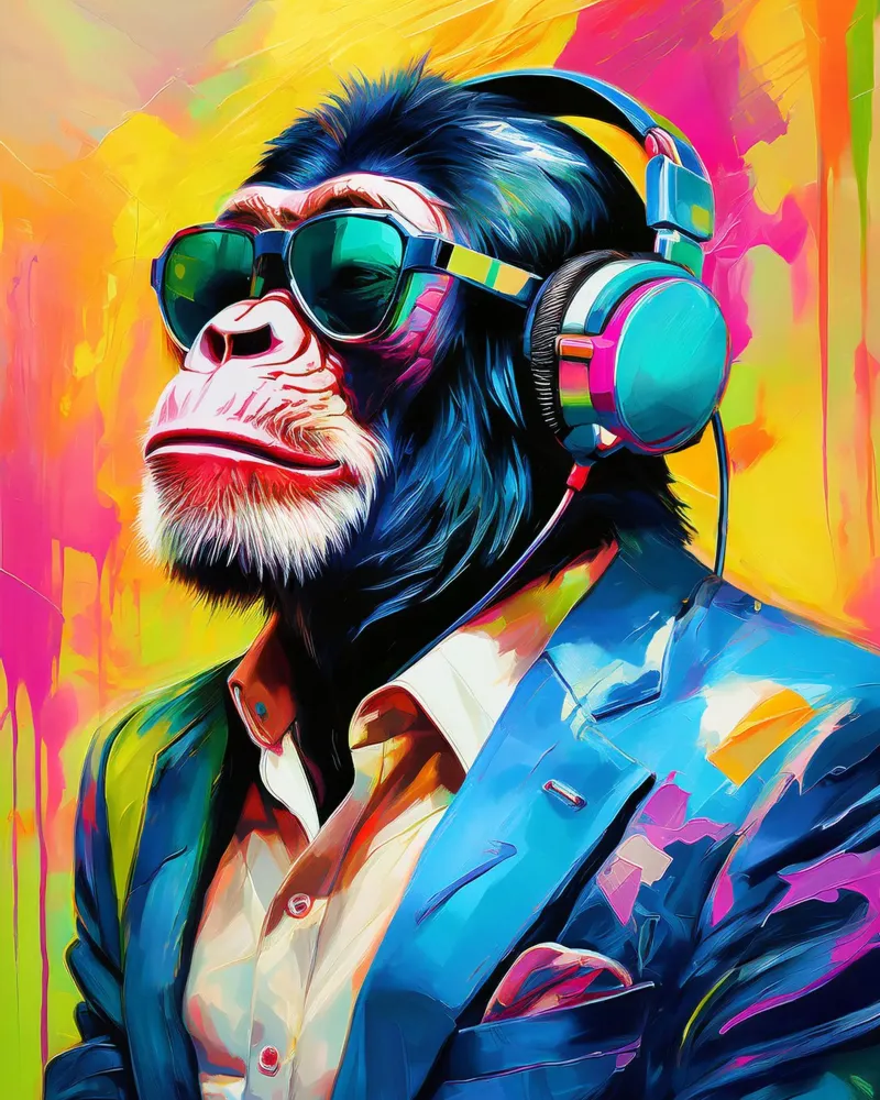 Chimpansee colorato Popart con cuffie pellicola backlit da Take Your Art BV
