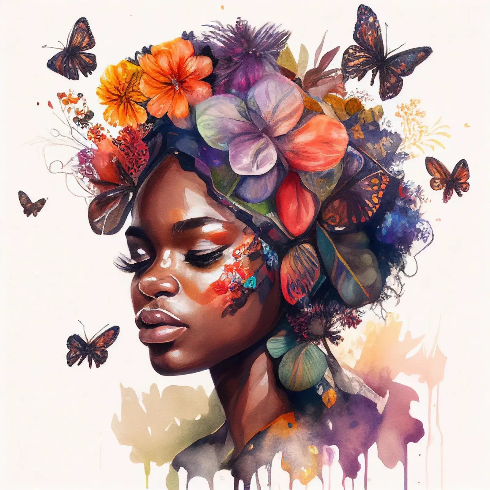 Farfalla acquerellata Donna africana pellicola backlit da Chromatic Fusion Studio