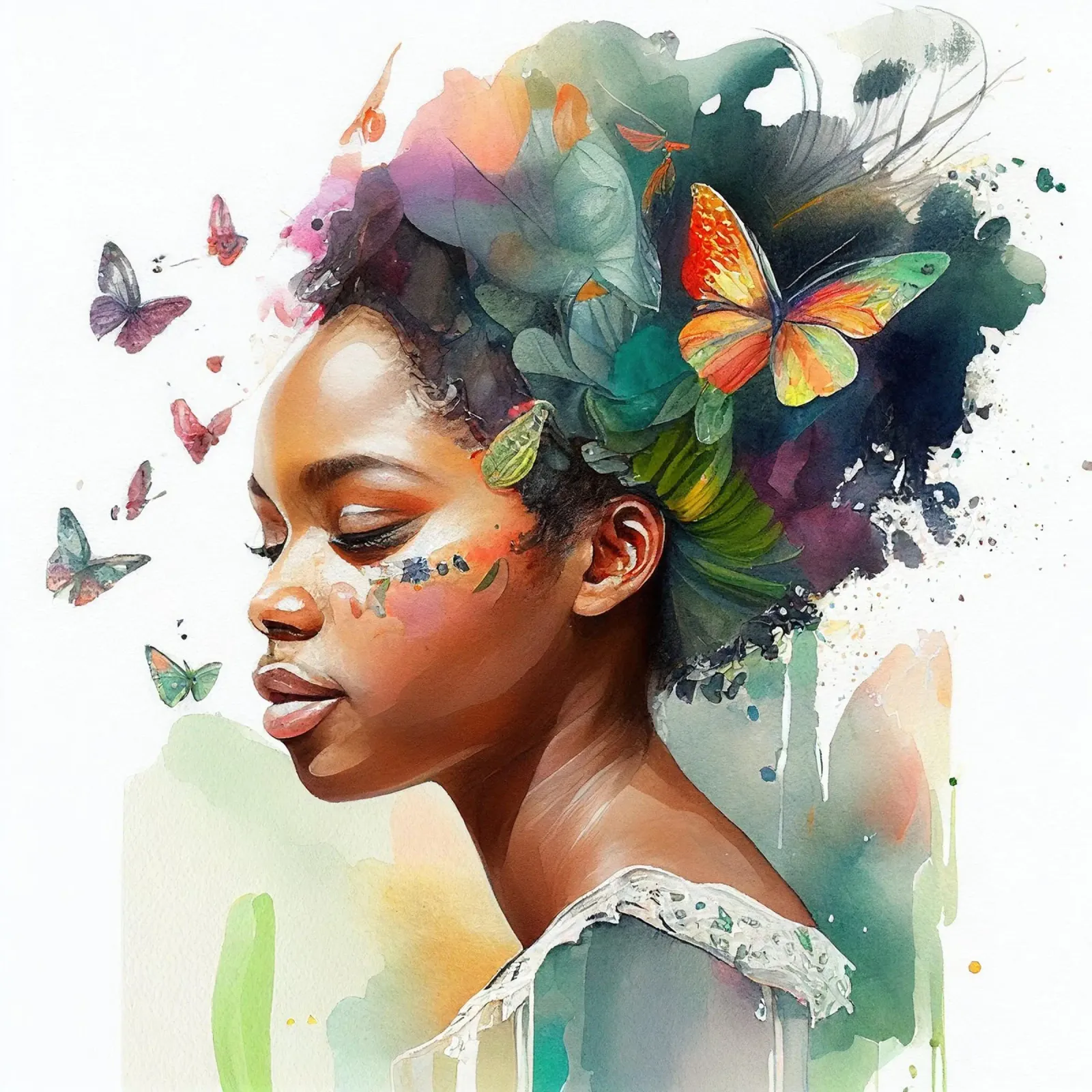 Farfalla acquerellata Donna africana pellicola backlit da Chromatic Fusion Studio