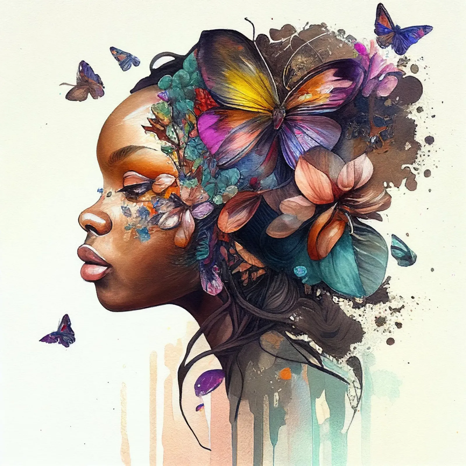 Farfalla acquerellata Donna africana pellicola backlit da Chromatic Fusion Studio