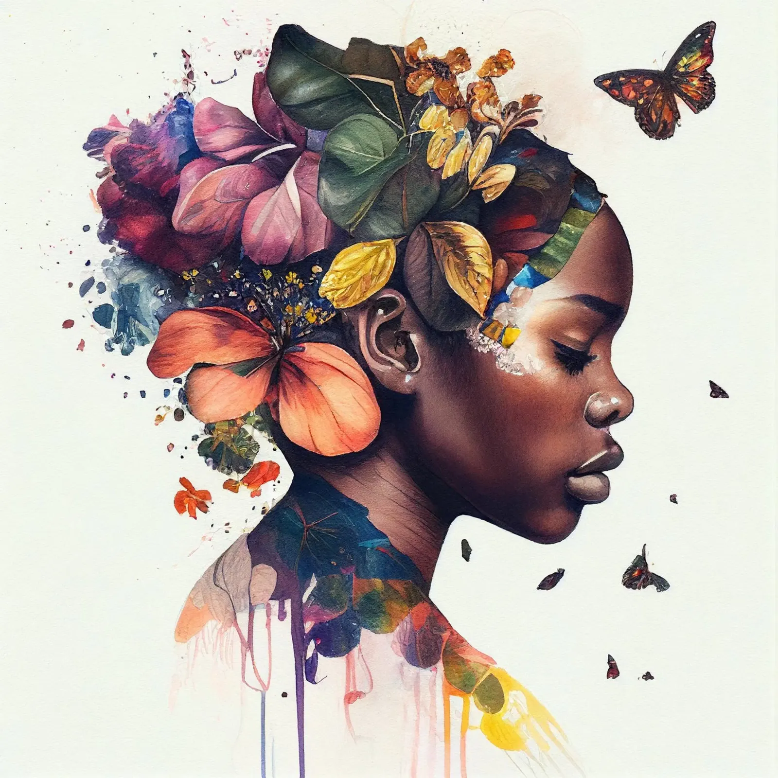 Farfalla acquerellata Donna africana pellicola backlit da Chromatic Fusion Studio