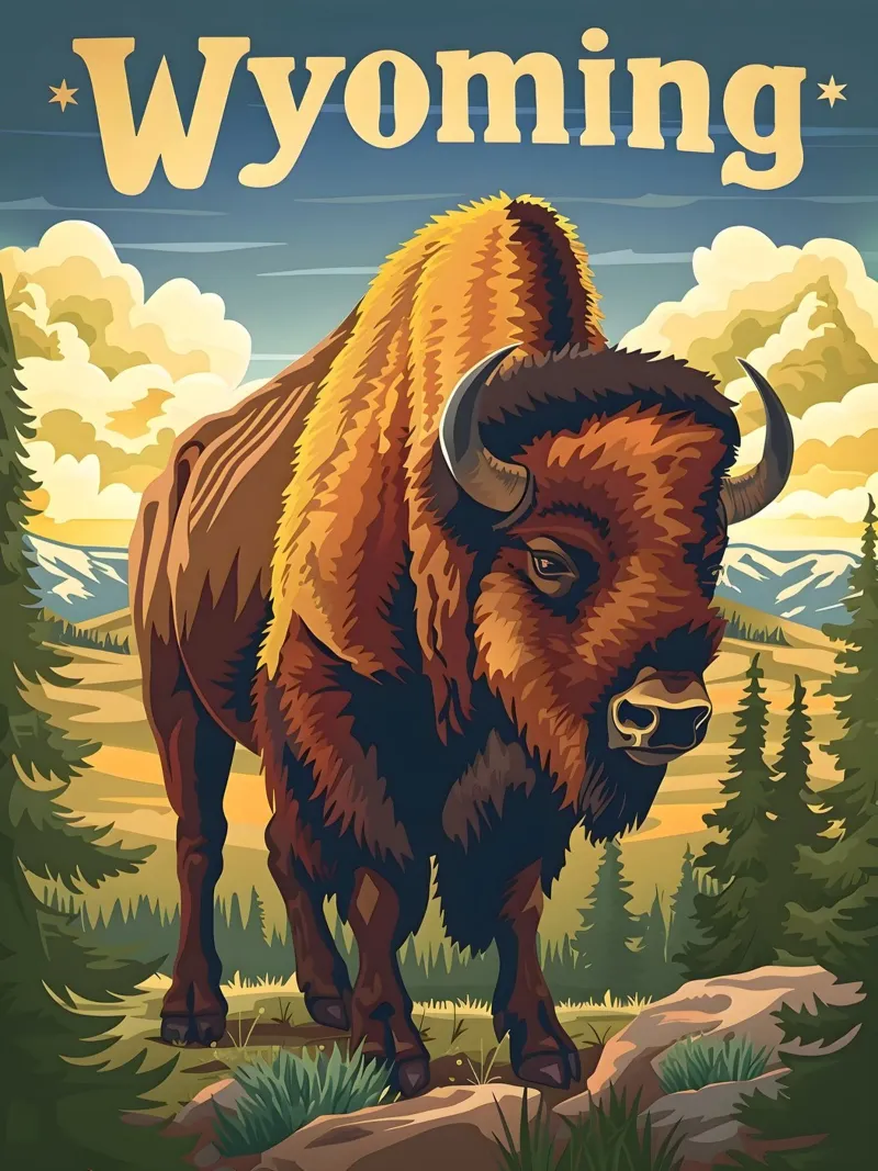 Bison Wyoming pellicola backlit da Vintage Travel Art