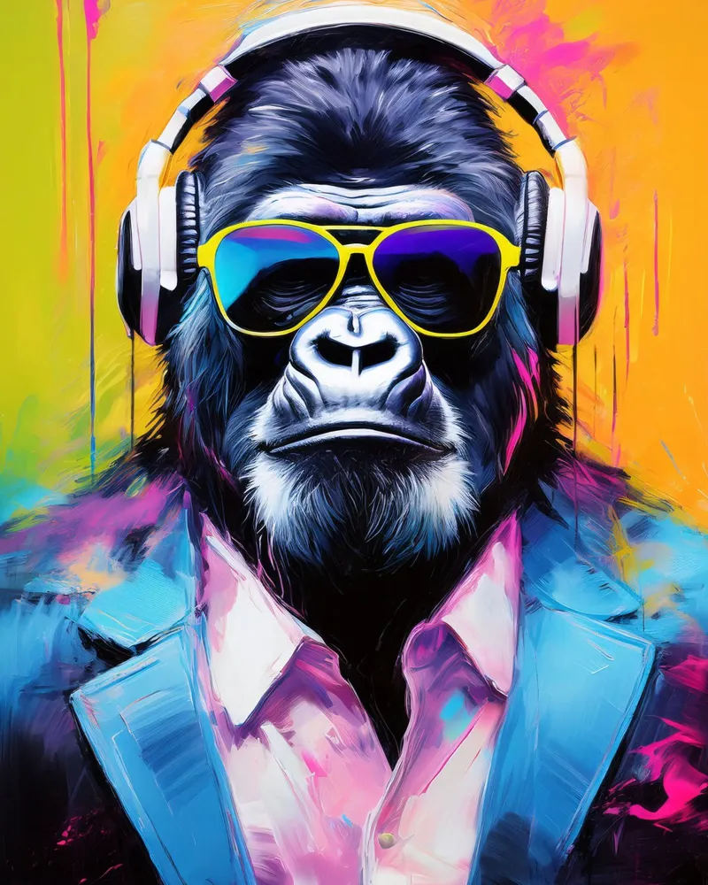 Ritratto Popart Gorilla colorato con cuffie poster da Take Your Art BV