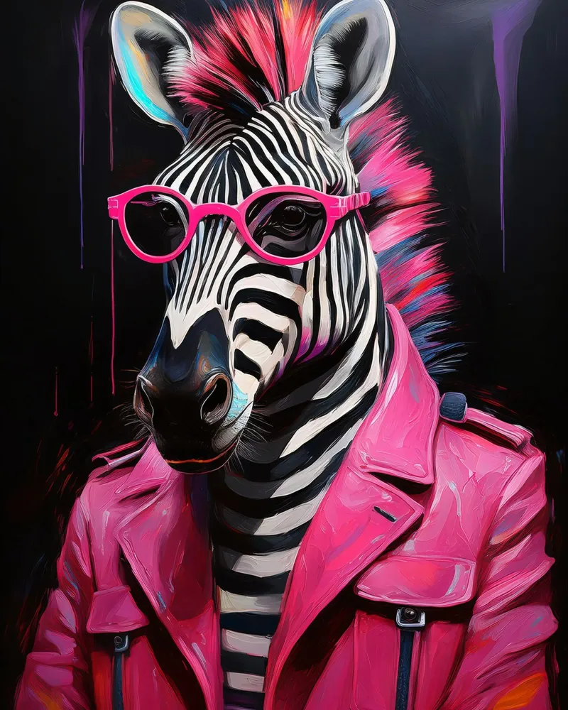 Portret popart roze zwarte zebra met zonnebril poster met houten frame van Take Your Art BV