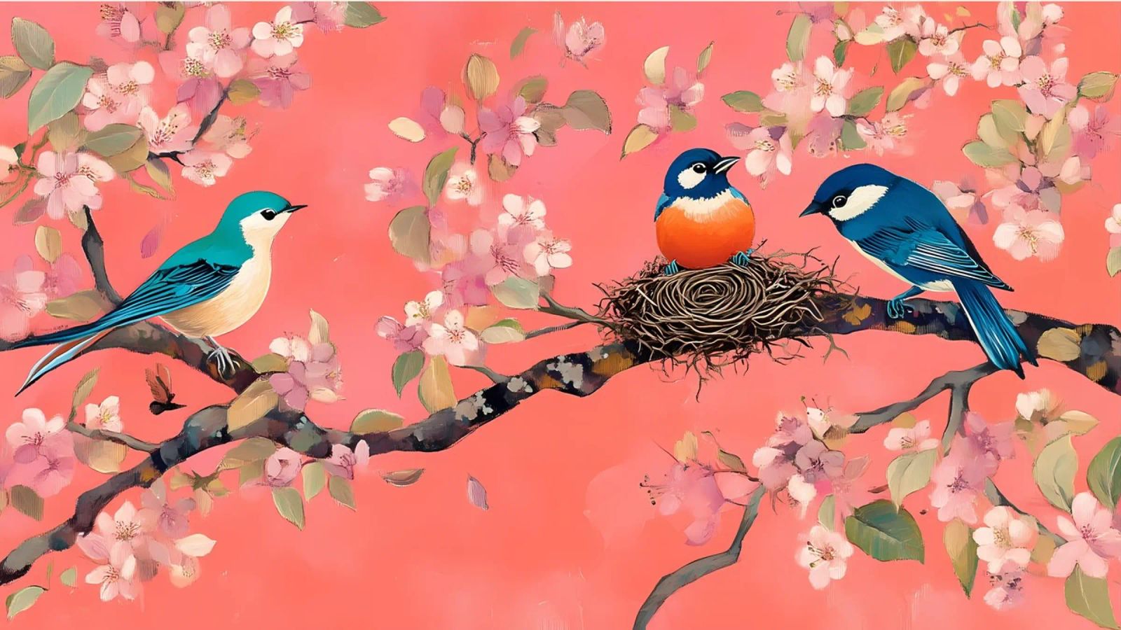 Cherry Blossom & Birds - Whimsical Avian Spring Art poster by ClubArt