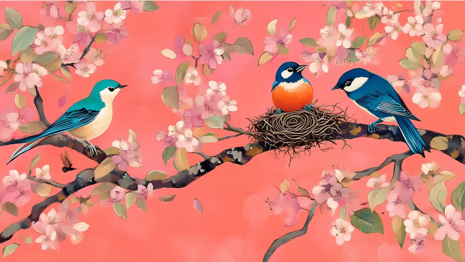 Fiori di ciliegio e uccelli - arte aviaria di primavera poster con telaio in legno da ClubArt