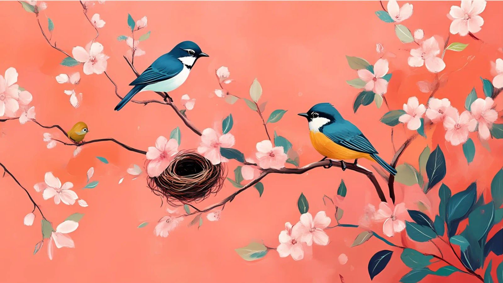 Cerezos orientales en flor y pájaros - Arte aviar sereno poster de ClubArt