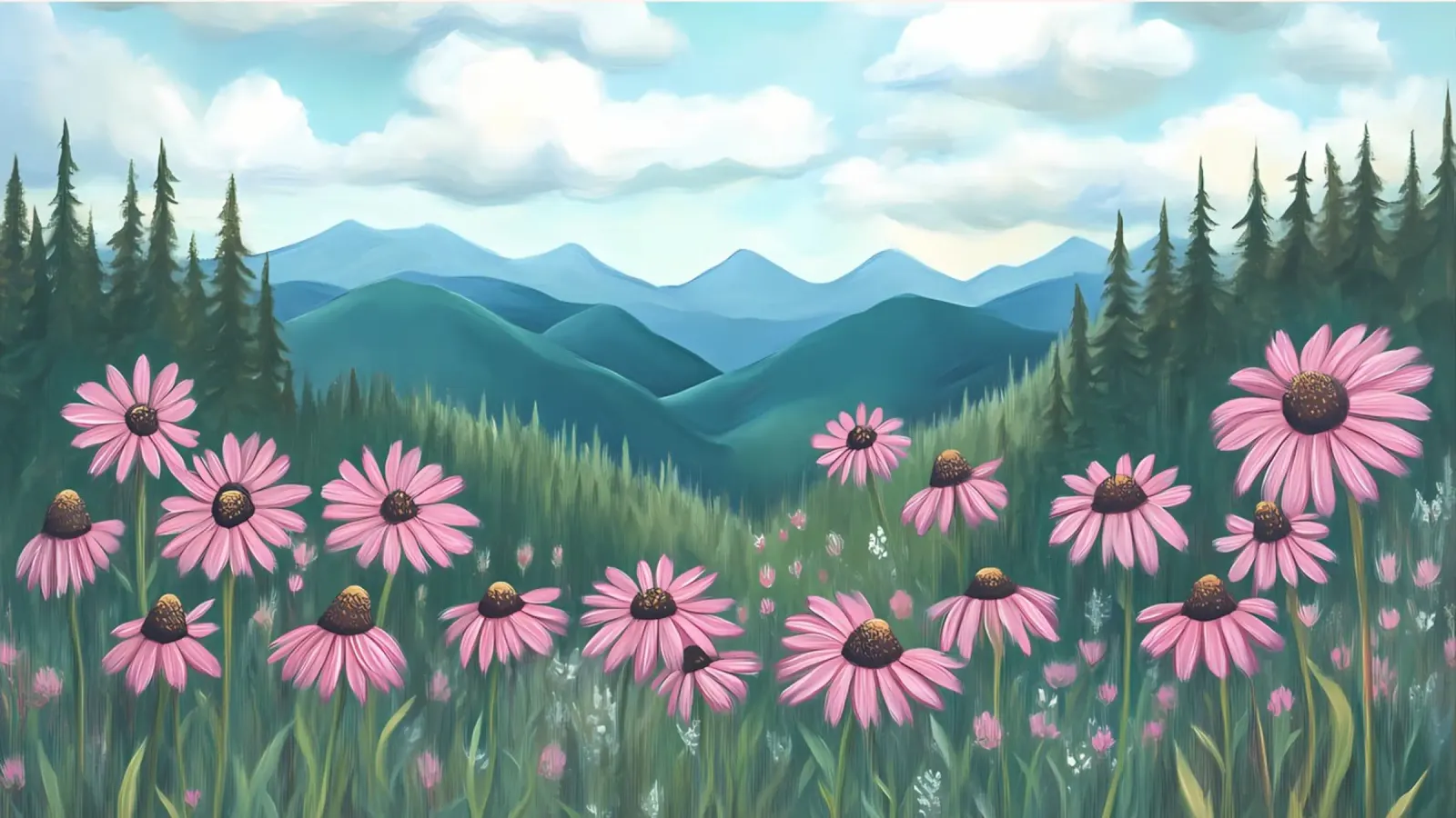 Prato di fiori rosa - Arte di montagna ispirata a Bob Ross poster con telaio in plastica da ClubArt