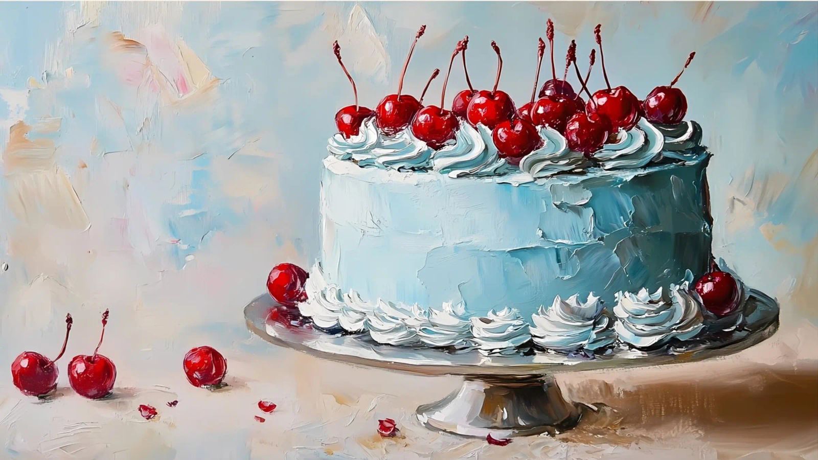 Cherry Blue Cake - Textured Impasto Dessert Art poster by ClubArt