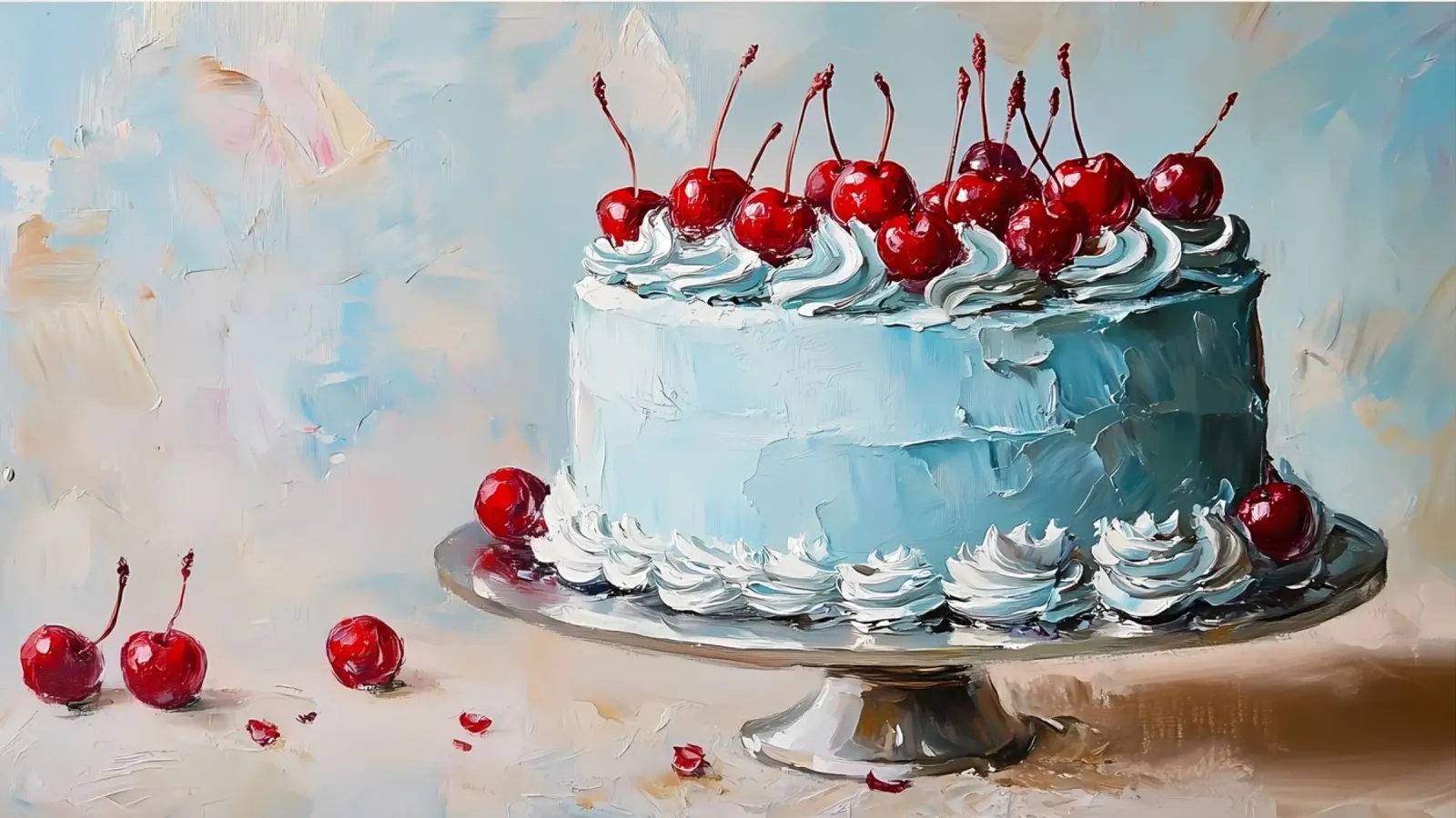 Cherry Blue Cake - Textured Impasto Dessert Art poster by ClubArt