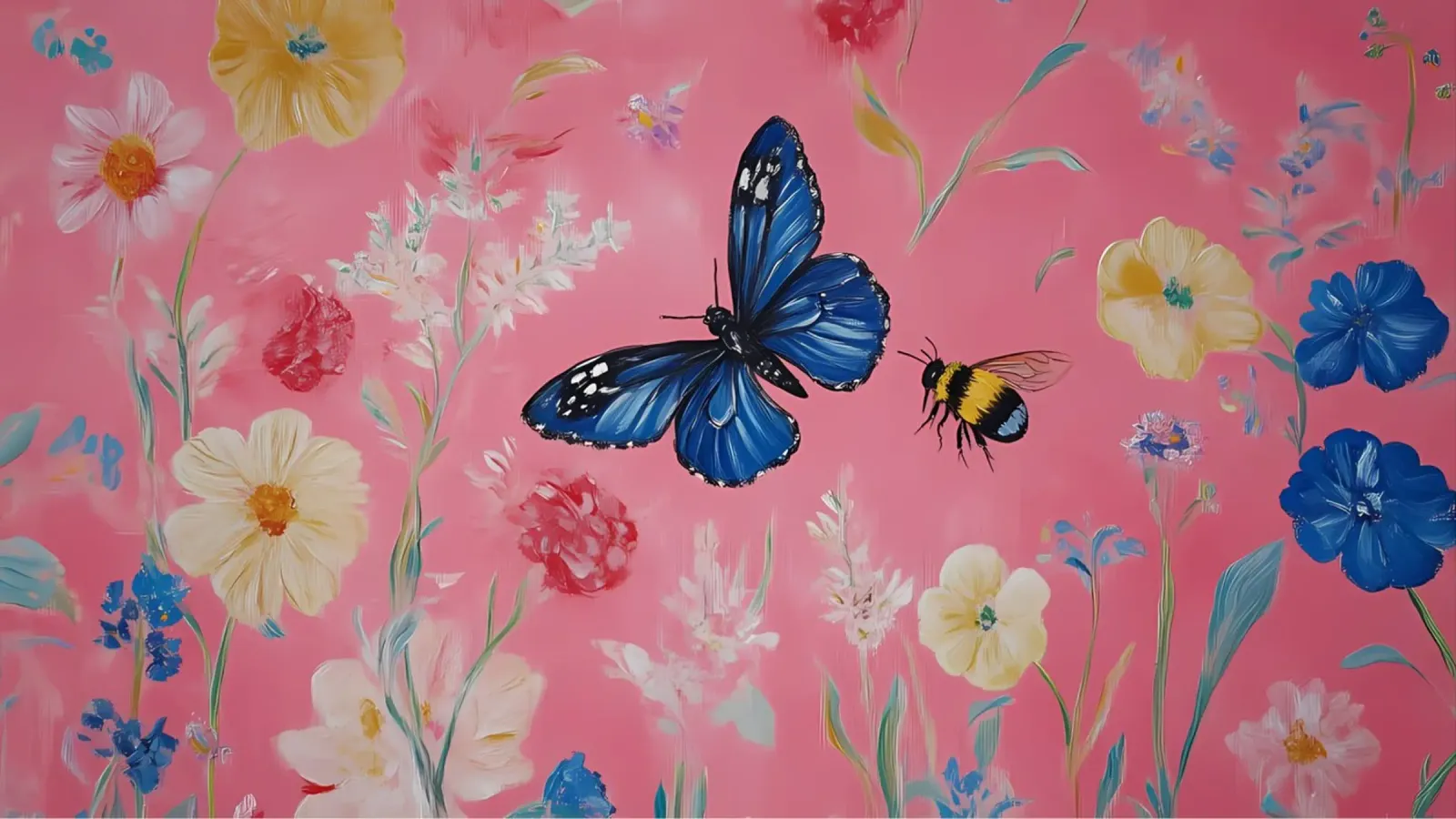 Farfalla e calabrone blu - Arte floreale del giardino rosa tela con Cornice a cassetta da ClubArt