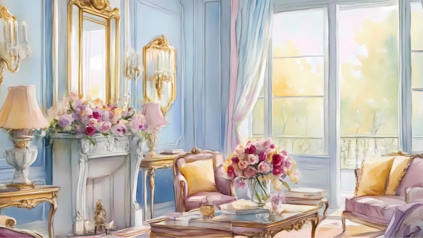Charme de salon français - Intérieur aquarelle bleu et rose poster de ClubArt