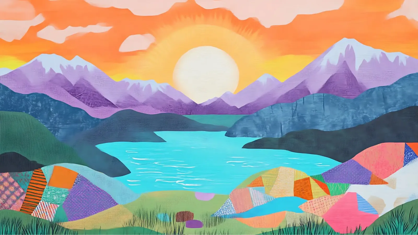 Abstract Zonsondergangmeer - Levendige Geometrische Bergkunst canvas met Baklijst van ClubArt