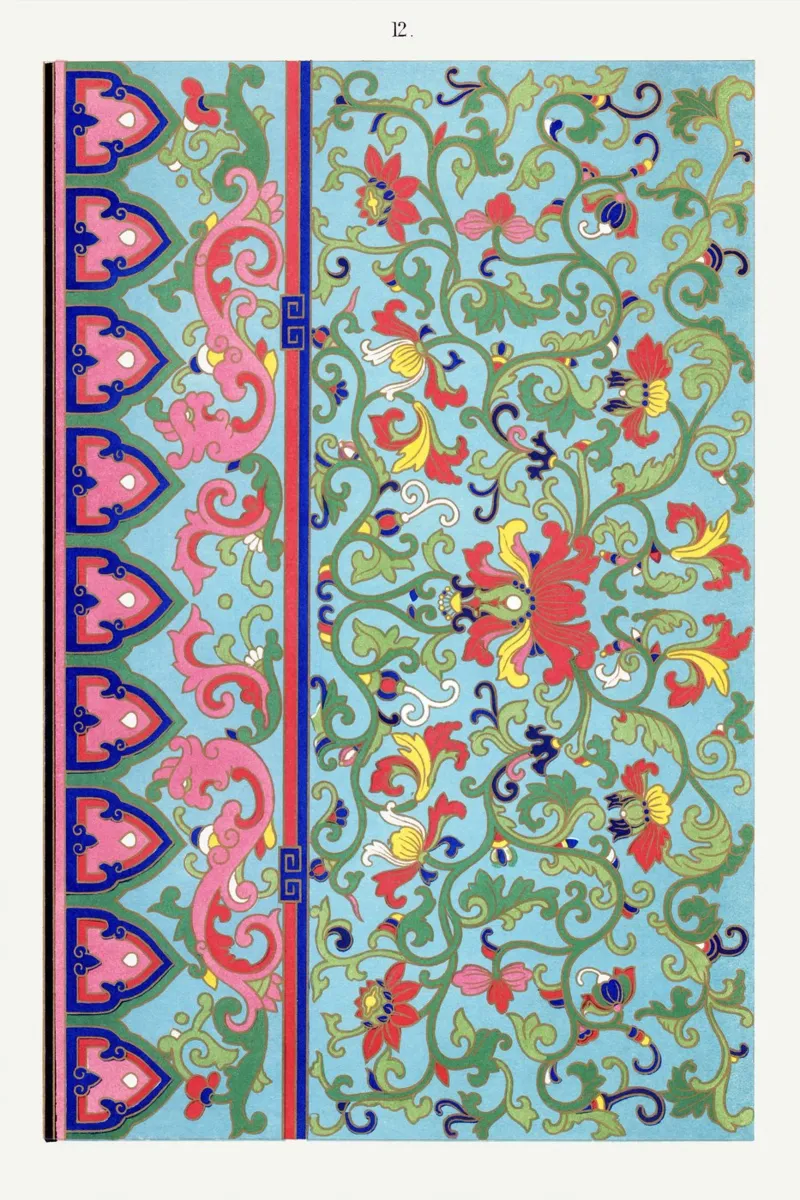 Vibrant Chinese Botanical Pattern - Turquoise & Pink Art poster by ClubArt