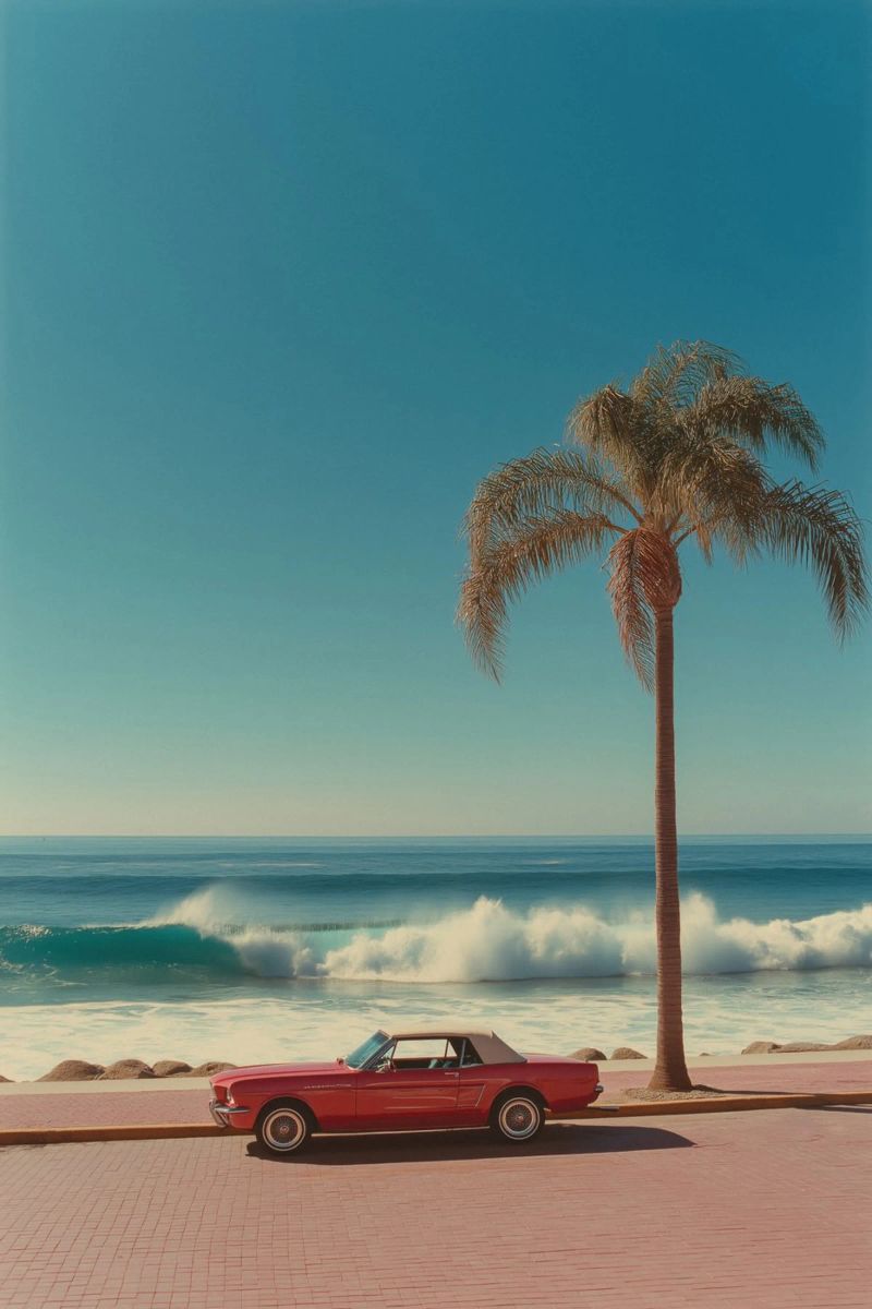 Scena di spiaggia con auto rossa e palma pellicola backlit da Indigo Tides Art