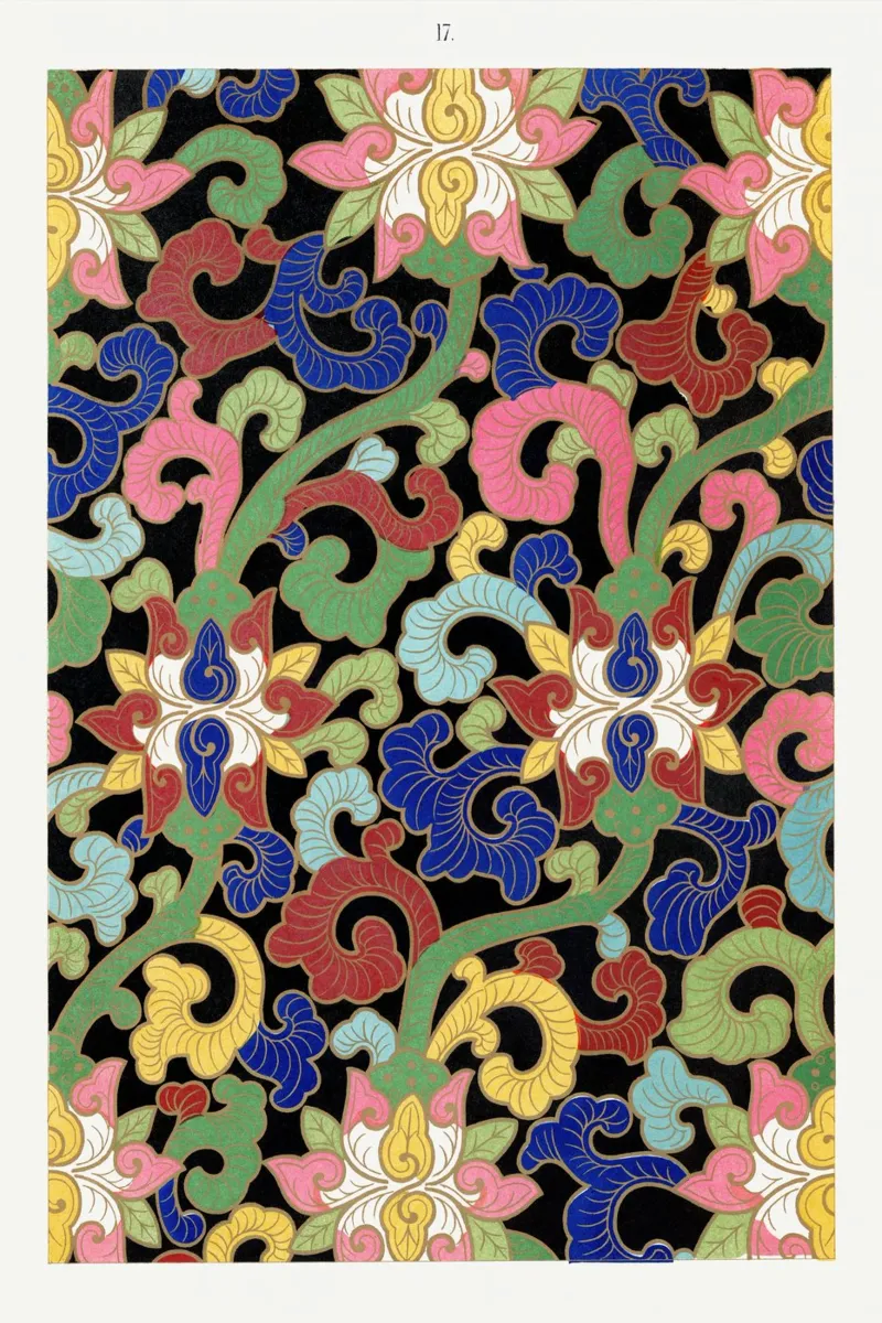 Levendige Chinese bloemen - zwarte achtergrond Botanische kunst poster met houten frame van ClubArt