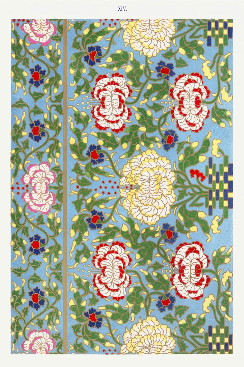 Vibrant Chinese Floral Pattern - Needlepoint Style Print canvas by ClubArt
