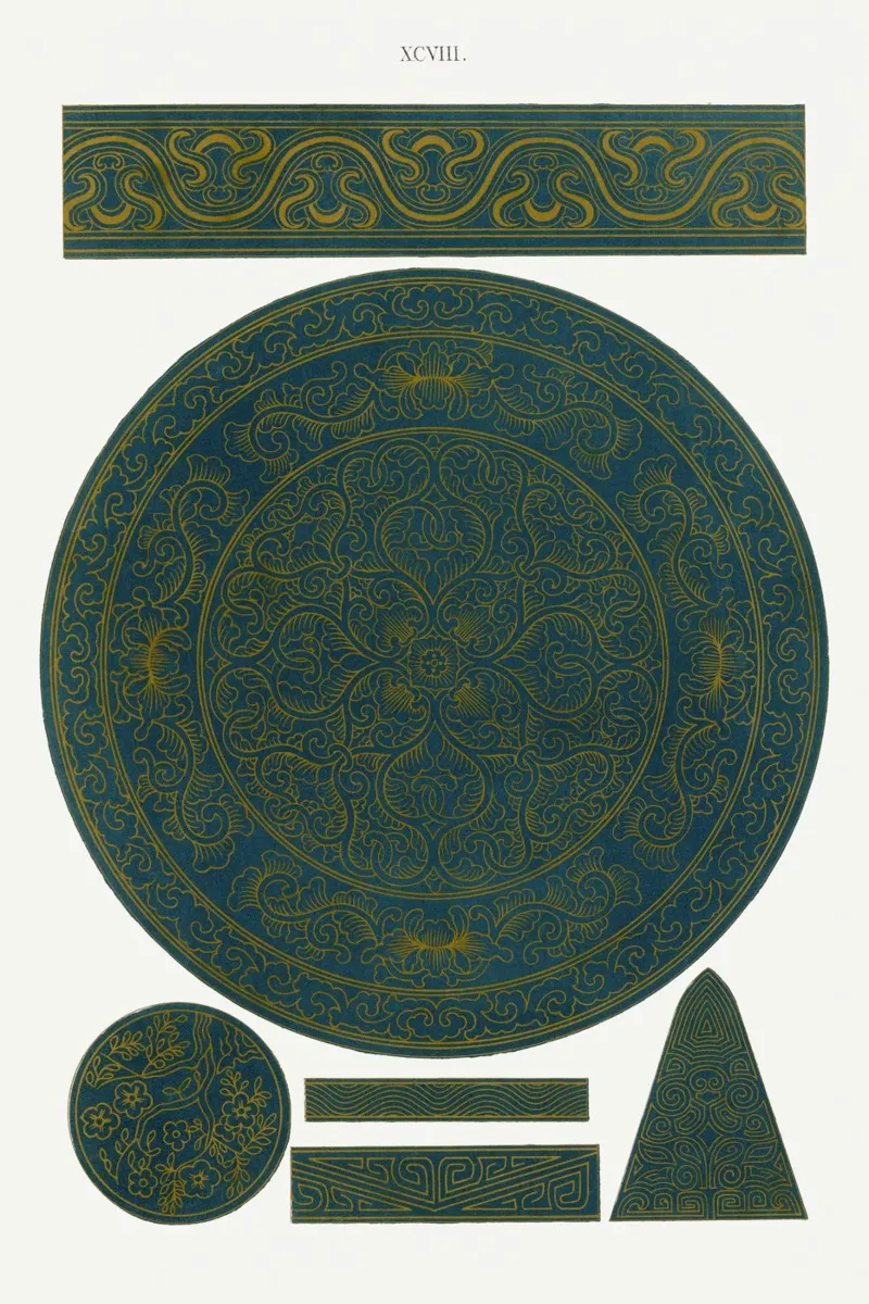 Chinees ornament - Teal & Gouden Medaillon & Randprint canvas met Baklijst van ClubArt