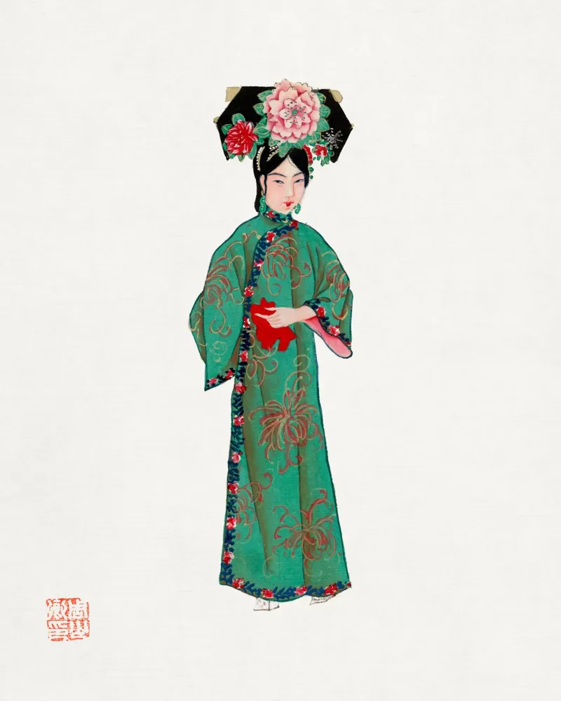 Vintage dame in Manchu kostuum - groene cheongsam kunst canvas met Baklijst van ClubArt