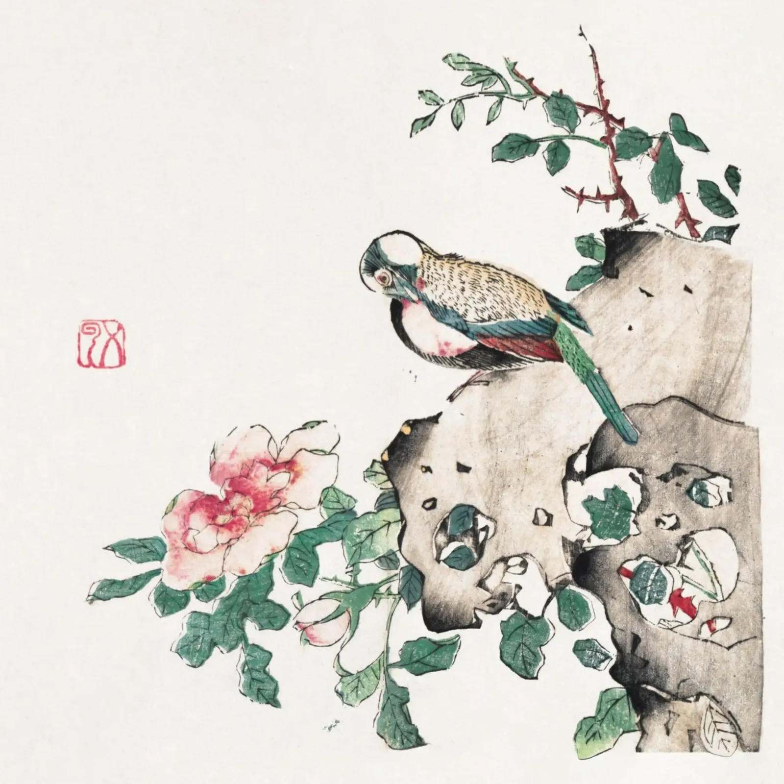 Hu Zhengyan - Shi Zhu Zhai Bird & Rose Art Print canvas by ClubArt