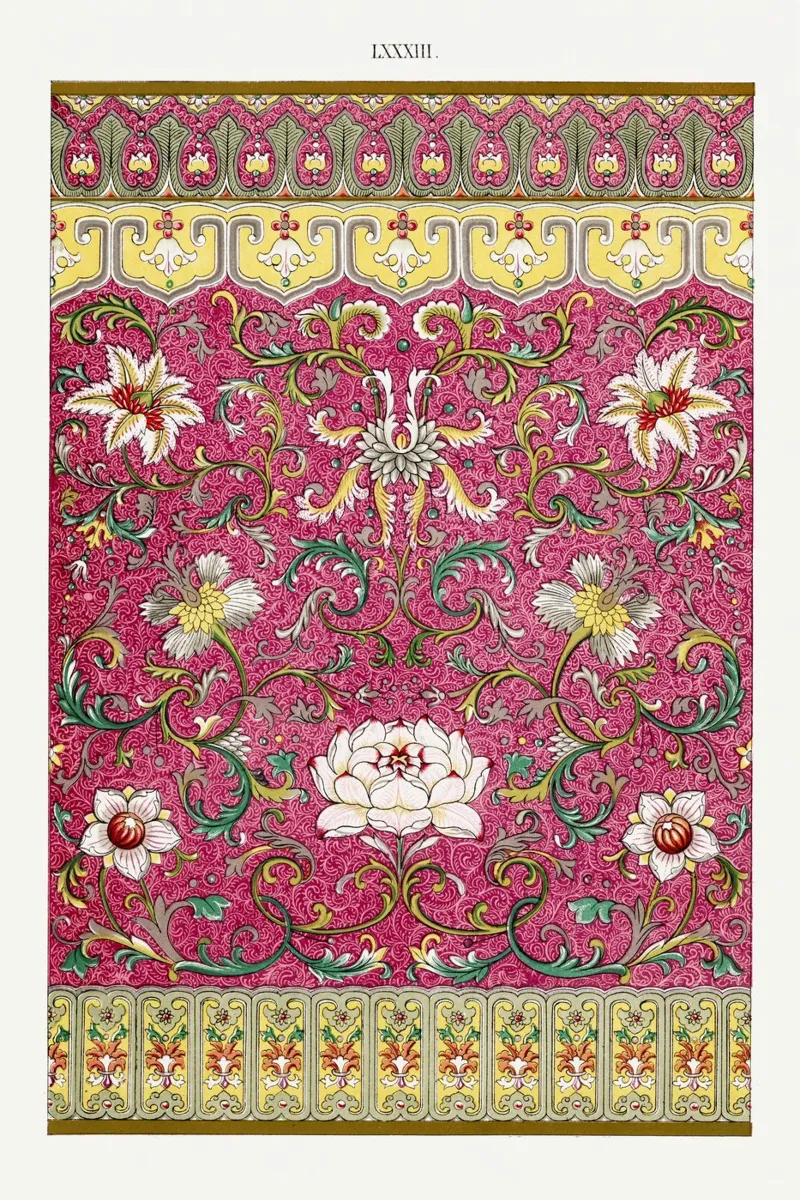 Lebendiges chinesisches Blumenmuster - Rosa & Gold Botanische Kunst Poster von ClubArt