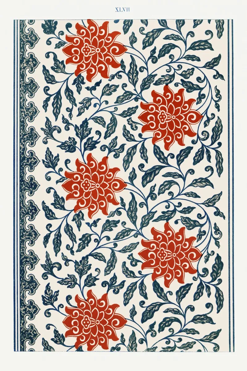 Owen Jones - Levendig Chinees Bloemenpatroon Rood & Blauw hahnemühle van ClubArt