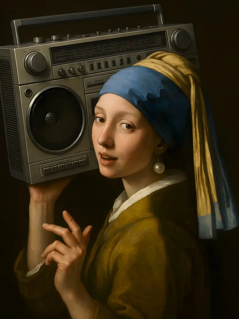 RAGAZZA CON ORECCHINO DI PERLA CHE TIENE IN MANO UN BLASTER DA GHETTO pellicola backlit da ARTOMATIC