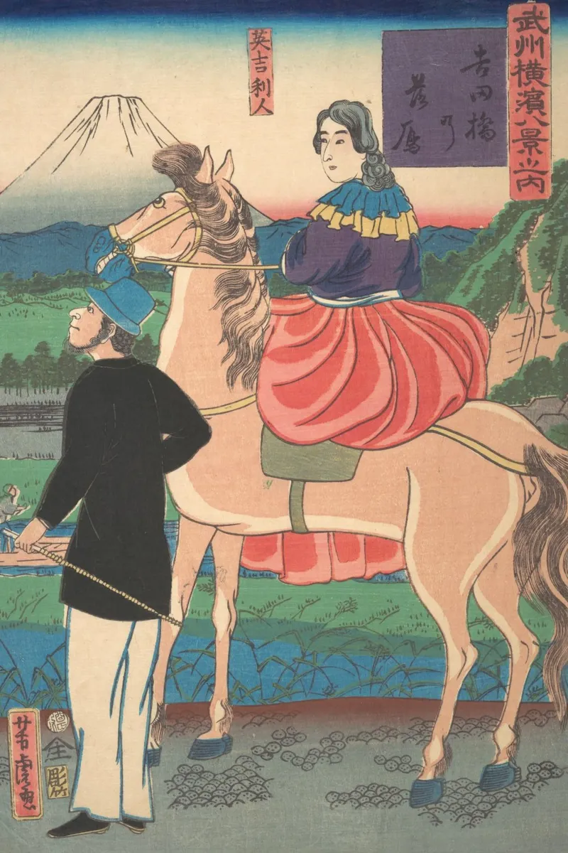 Utagawa Yoshitora - Oche in discesa al ponte Yoshida pellicola backlit da Wirla
