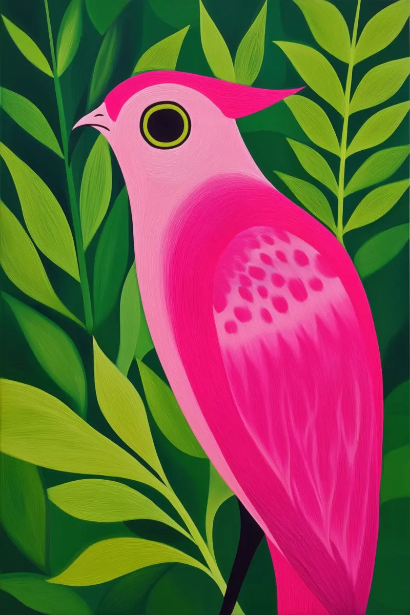 Uccello tropicale esotico rosa poster con telaio in legno da Autofocus