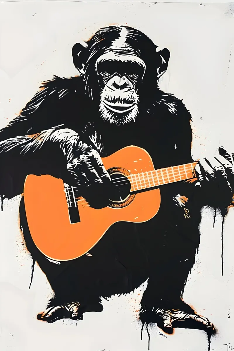 Schimpanse mit Gitarre poster con telaio in legno da WILD ART