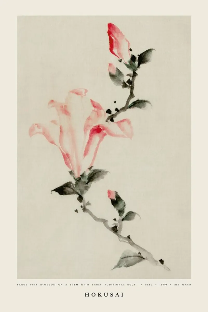 Hokusai - Large Pink Blossom on a Stem poster con telaio in alluminio da Vintage by JUNIQE