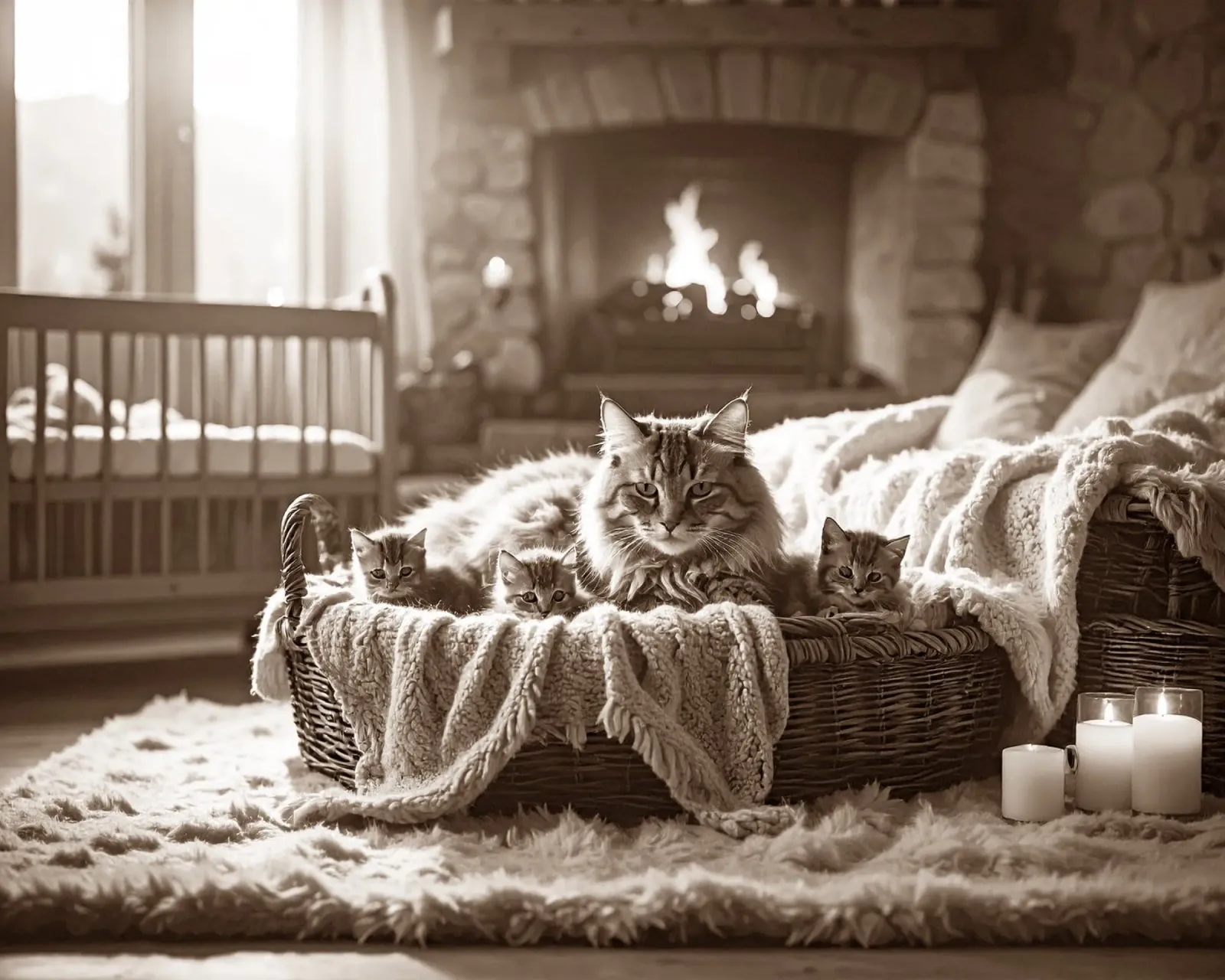 CHATTE ET TROIS CHATONS. Sépia pellicola backlit da Thierry vobmann photography