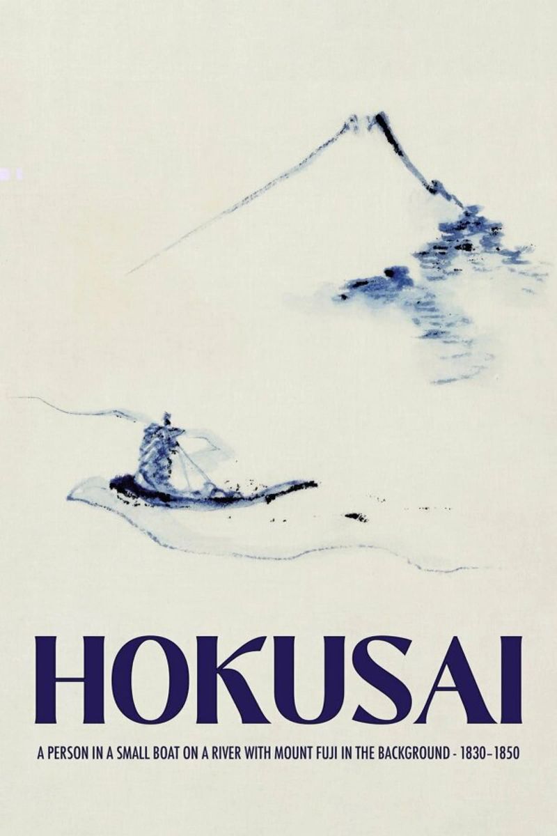 Hokusai - A Person in a Small Boat on a River with Mount Fuji in the Background III poster de Vintage by JUNIQE
