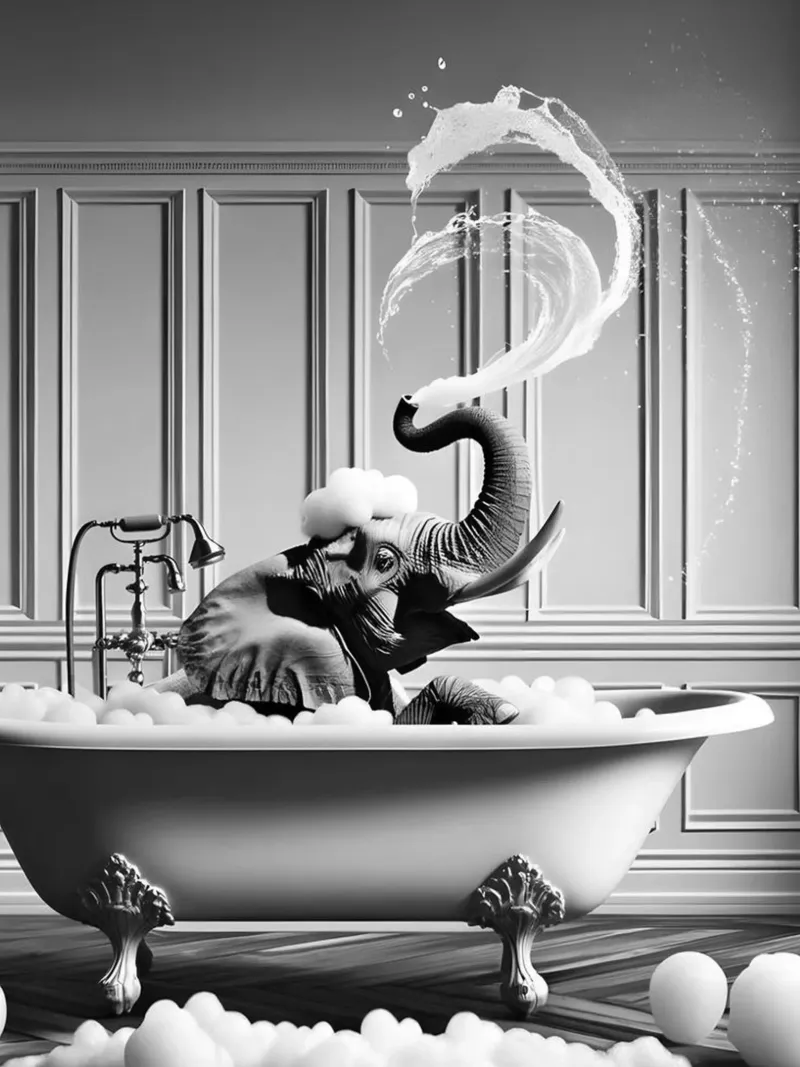 Elefante che gioca con l'acqua poster con telaio in legno da christal shop