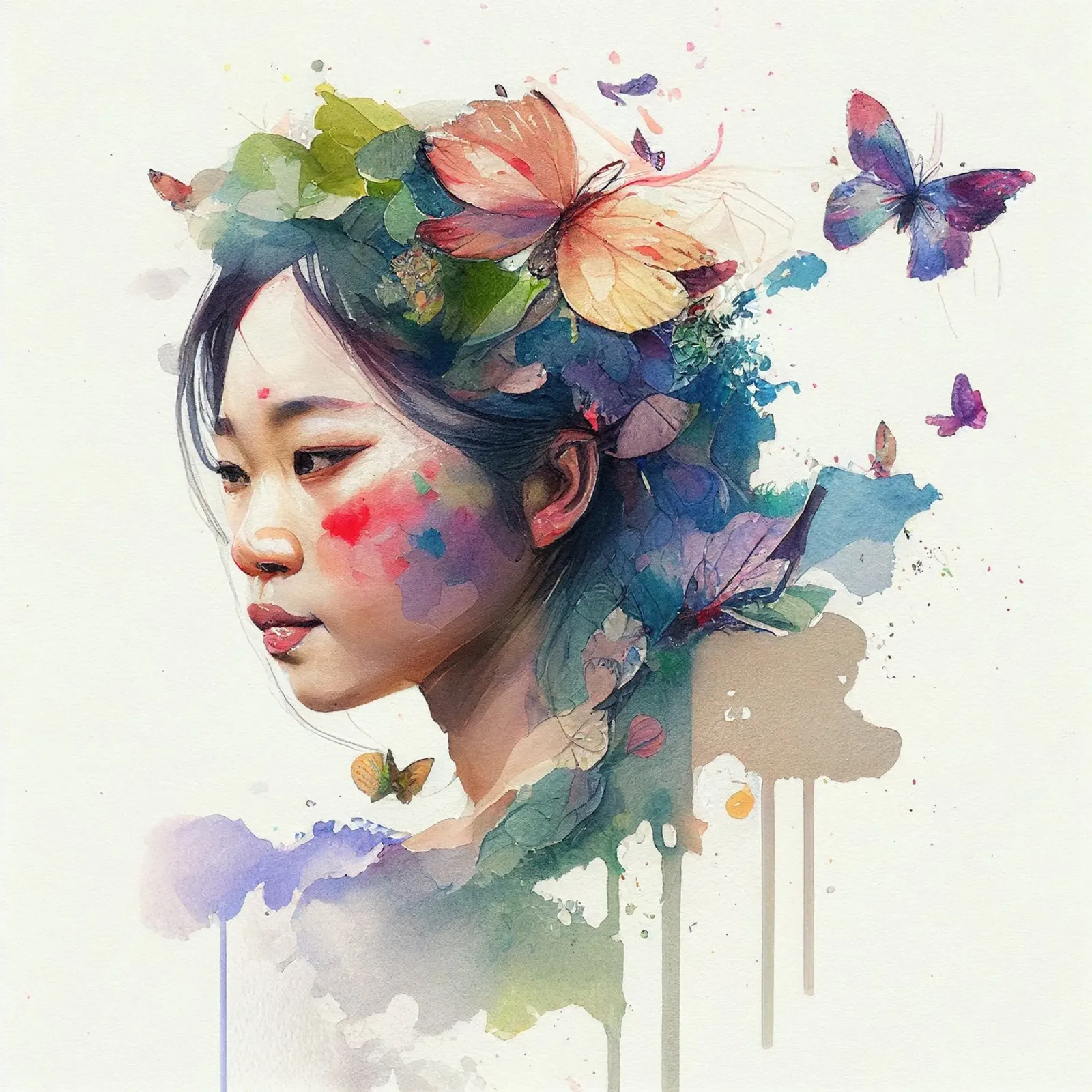 Acquerello floreale Donna asiatica tela con Cornice a cassetta da Chromatic Fusion Studio
