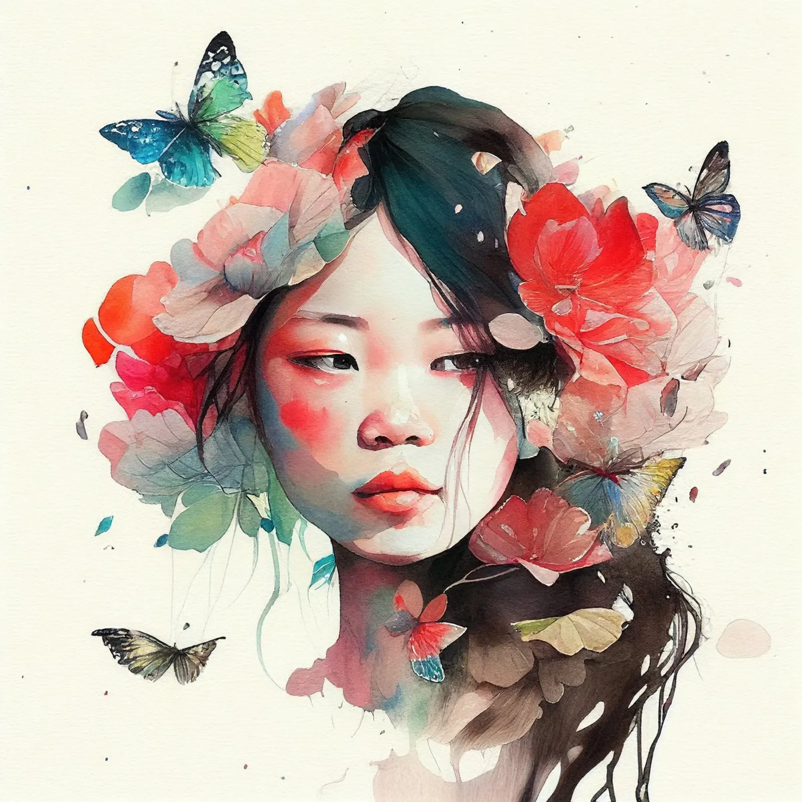 Acquerello floreale Donna asiatica poster con telaio in legno da Chromatic Fusion Studio
