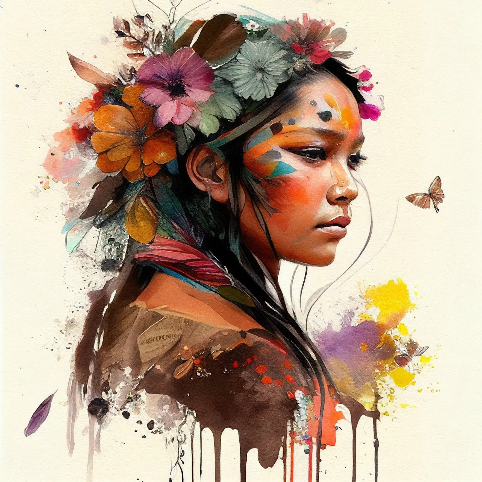 Acquerello floreale indiano Donna nativa carta hahnemühle da Chromatic Fusion Studio