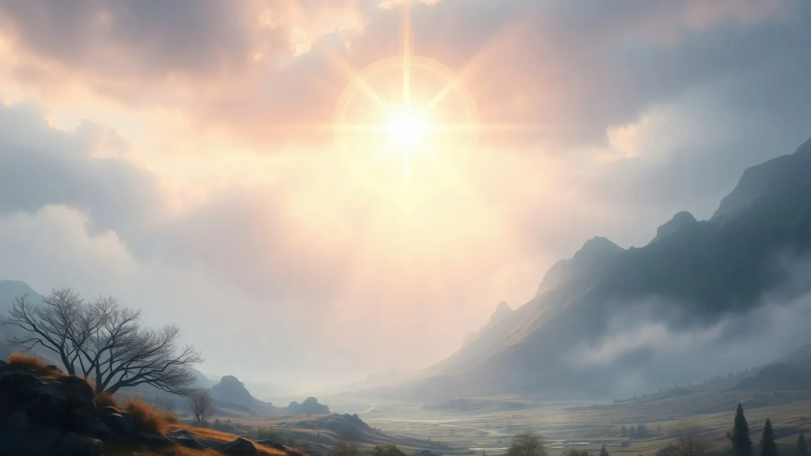 Sunlight breaks through clouds illuminating a calm valley canvas by DesignDoodle