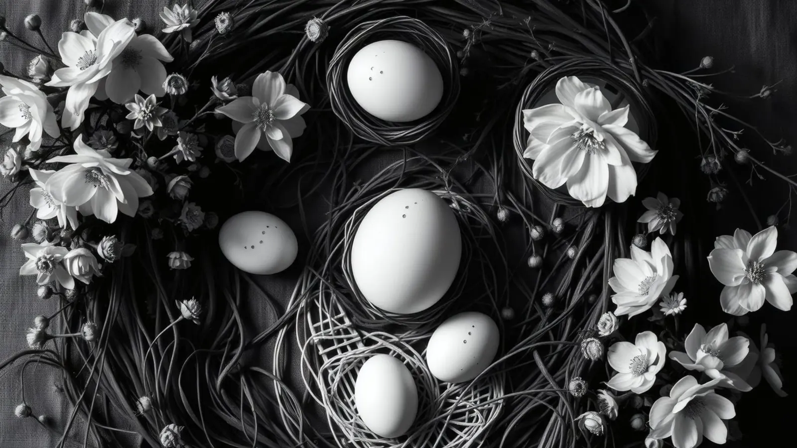Elegant arrangement of eggs and flowers in a natural setting canvas by DesignDoodle