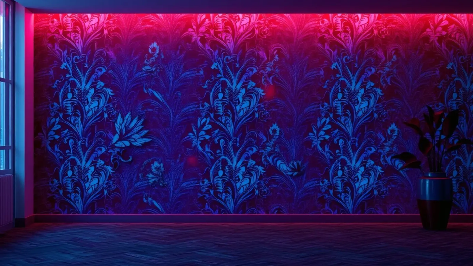 Colorful patterned wall with neon lighting in modern canvas by DesignDoodle