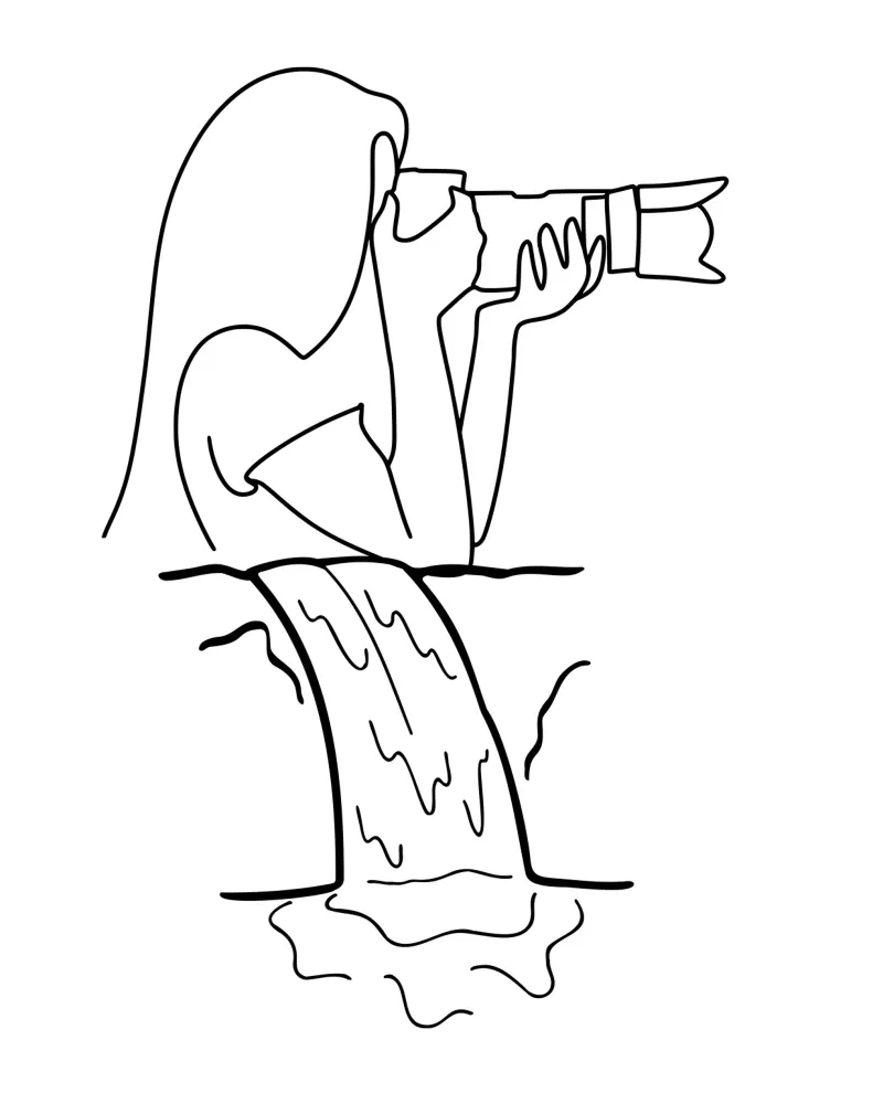Line art: Ragazza fotografata davanti a una cascata poster con telaio in alluminio da StrindesignStudio