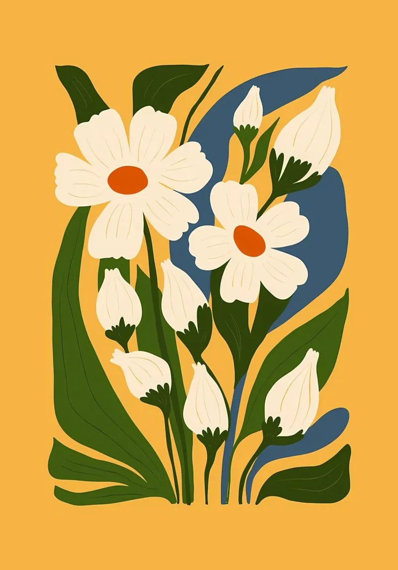 bloemen madeliefjes bloemblaadjes bladeren stengels knoppen natuur botanisch poster met aluminium frame van Ashish Kashyap
