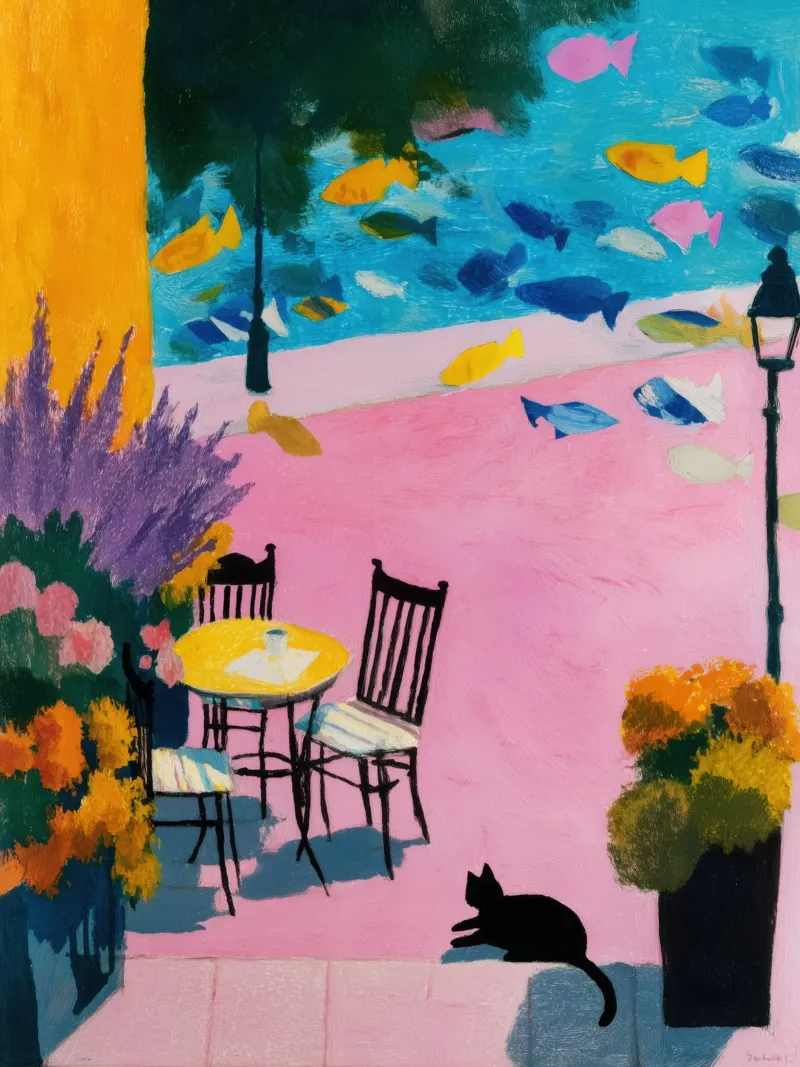 Whimsical Cat & FIsh Café Poster | Cozy, Surreal Art canvas with Floater frame by Kaji